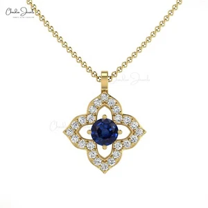 3mm Blue Sapphire Floral Pendant 14k Solid Gold Diamond Halo Necklace For Women - Picture 1 of 22