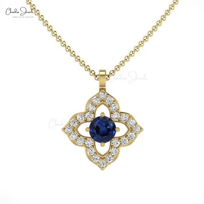 Collar con halo de diamantes de oro macizo de 14 k colgante floral de zafiro azul de 3 mm para mujer Foto 1 de 4
