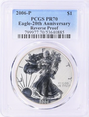 2006 P REVERSE PROOF 20th ANNIV. SILVER EAGLE PCGS PR70 CLASSIC BLUE LABEL - Image 1 of 4
