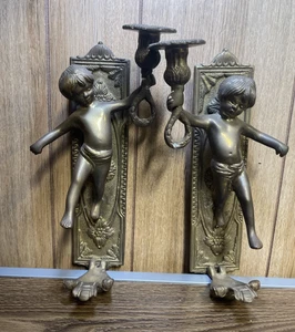 Vintage Brass Cherub Candle Wall Sconces Angel Ornate Made in India - Picture 1 of 15