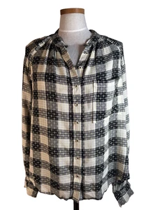 Pilcro Anthropologie Size Large Breezy Plaid Button Front Shirt Blouse Top Black - Picture 1 of 13