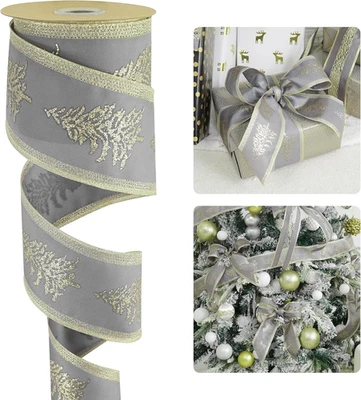 Gray Satin Wired Christmas Ribbon with Champagne Glitter Trees, 2.5 Inch Wide... - Image 1 of 4