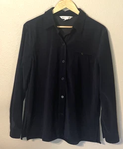 Vintage Casual Corner Navy Blue Button Up Shirt Top Women's Size M Side Slits - Picture 1 of 6