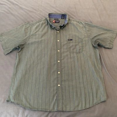 Chaps Shirt Mens 2XL Green White Striped Short Sleeve Button Up Easy Care Pocket - Image 1 of 4