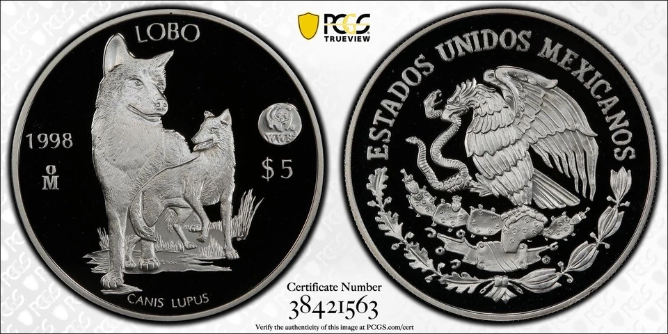 1998-Mo 5 PESOS MEXICO LOBO WORLD WILDLIFE FUND PCGS PR70DCAM TOP POP RARE - Image 1 of 1