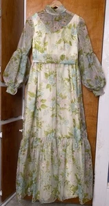 Vintage 70's Maxi Dress Prairie Sheer Floral Puff Poet Sleeve Cottagecore Sz S M - Picture 1 of 10