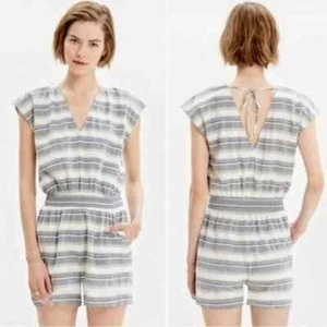 NWT Madewell Blue/White Striped Yucatán Romper V-neck Front & Back Pockets S $85 - Picture 1 of 8