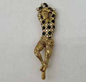 Vintage Harlequin Jester Black Enamel and Gold Tone Clown Brooch Pin Rhinestones - Picture 1 of 4