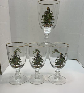 Spode Christmas Tree Pedestal 7" Water Iced Tea Goblet Glass Gold Rim Set of 4 - Picture 1 of 12