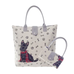 Tapestry Folding Reusable Shopping Bag in Scottie Dog Design - Picture 1 of 5