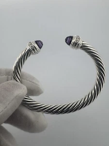 David Yurman Sterling Silver 7mm Cable Bracelet Amethyst & Diamonds Small - Picture 1 of 16