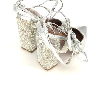 ASOS DESIGN Diamante embellished tie leg block heeled shoes in silver US 6 - Picture 1 of 6