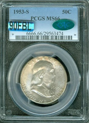 1953 S FRANKLIN HALF PCGS MS66 PQ CAC MAC 90FBL RARE $40,000 IN FBL* - Image 1 of 2