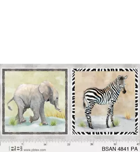 Baby Safari Animal Cotton Quilt Fabric P&B 4841 Block Panel Elephant Zebra 24x44 - Picture 1 of 9