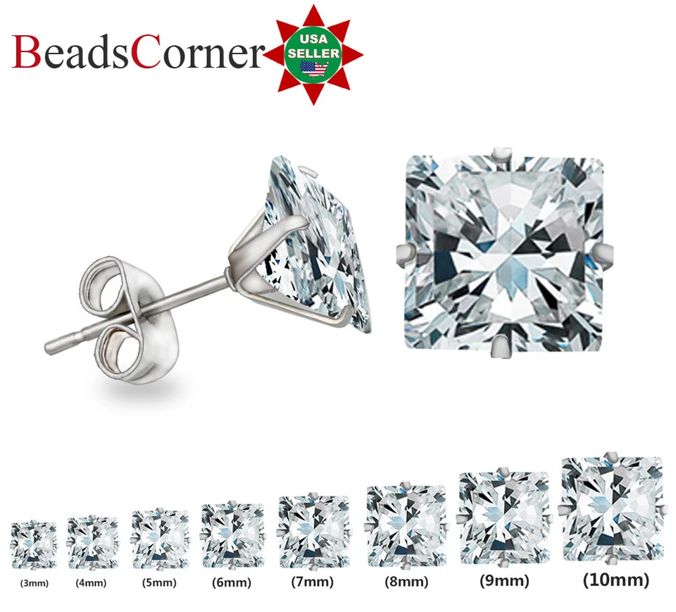 Surgical 316L Stainless Steel Stud Earrings Cubic Zircon Square Men Women 2PC - Image 1 of 1