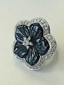size 9 LADY BEAUTIFUL BLACK ONYX / CZ STONE STAR 925 STERLING SILVER FLOWER RING - Picture 1 of 7