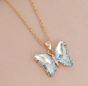 Gold & White Crystal Butterfly Necklace, New Statement Everyday Necklace, Gift - Picture 1 of 5