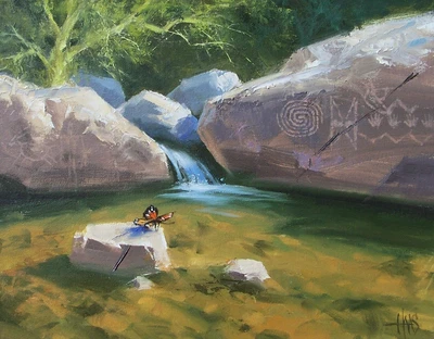 Pintura TOM HAAS 'Stop Over' óleo 11x14 Arizona Oak Creek petroglifos mariposa Foto 1 de 2