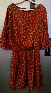 Womens Burgundy Red Owl Print Dress Size L/XL Elastic Waist Chiffon 3/4 Sleeve - Picture 1 of 17