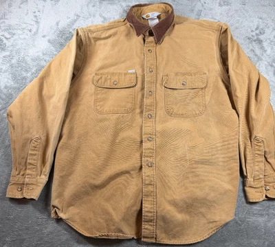 Винтажная прочная холщовая рубашка Carhartt с вельветовым воротником для улицы рабочая одежда L - Изображение 1 из 4
