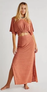 Free People M Conjunto Kelsey de Arcilla Falda Bohemia y Top Acanalado Midi Maxi Tejido Dolman - Imagen 1 de 10