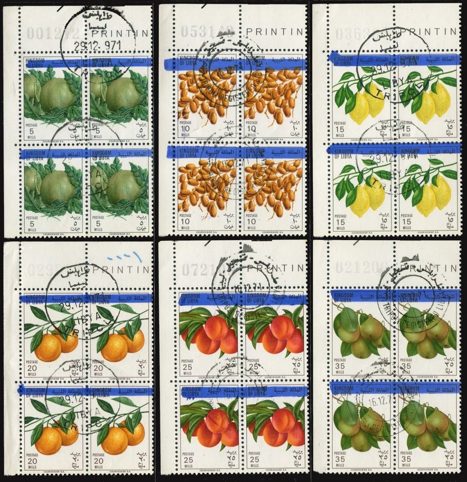 Libya 350a-355a bl./4,CTO. Mi 268-273. Fruits Kingdom of Libya blocked out, 1971 - Image 1 of 1