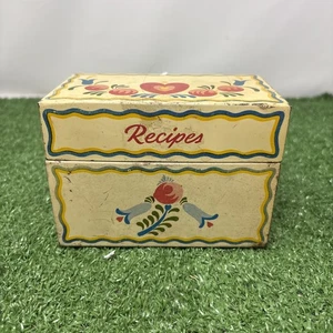 Vintage Metal Recipe Box Peter Hunt White Folk Art Flowers &Heart + Cards- Ohio- - Picture 1 of 8