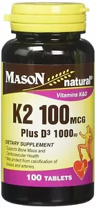 Mason Natural Vitamin K2 100 mcg Plus Vitamin D3 1000 IU Tablets 100 Ct 3 Pack - Picture 1 of 2