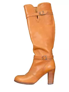 Vintage 1970s tall brown boots, genuine leather wood heel boho, buckles 8 8.5 - Picture 1 of 14