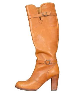 Botas marrones altas vintage años 70, cuero genuino tacón madera boho, hebillas 8 8,5 Foto 1 de 4