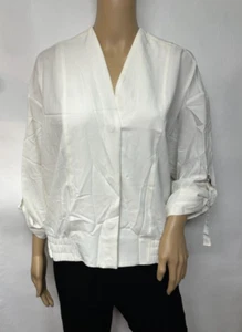 Women's Woven Roll Tab Sleeve Button Down Jacket Size M w Pockets Ivory - Picture 1 of 7