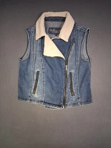 Bullhead Recortado Azul Jean Denim Chaleco Moto Chaqueta Cremallera Completa Cuello Sherpa Grande - Imagen 1 de 9