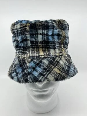 Women’s Kenneth Cole Reaction Faux Fur Plaid Cloche Bucket Hat Blue & Beige - Image 1 of 4