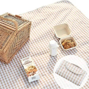 XL Waterproof Gingham Picnic Blanket, Foldable, Beach/Outdoor Mat (Tan) - Picture 1 of 7