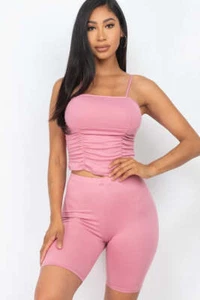 Womens Basic Camisole Ruched Sleeveless Top & Biker Shorts Activewear Set - Picture 1 of 16
