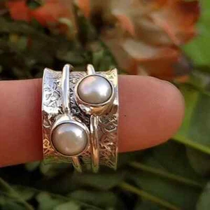 Pearl Gemstone Ring Solid 925 Silver Handmade Spinner Women Ring All Size C628 - Picture 1 of 10