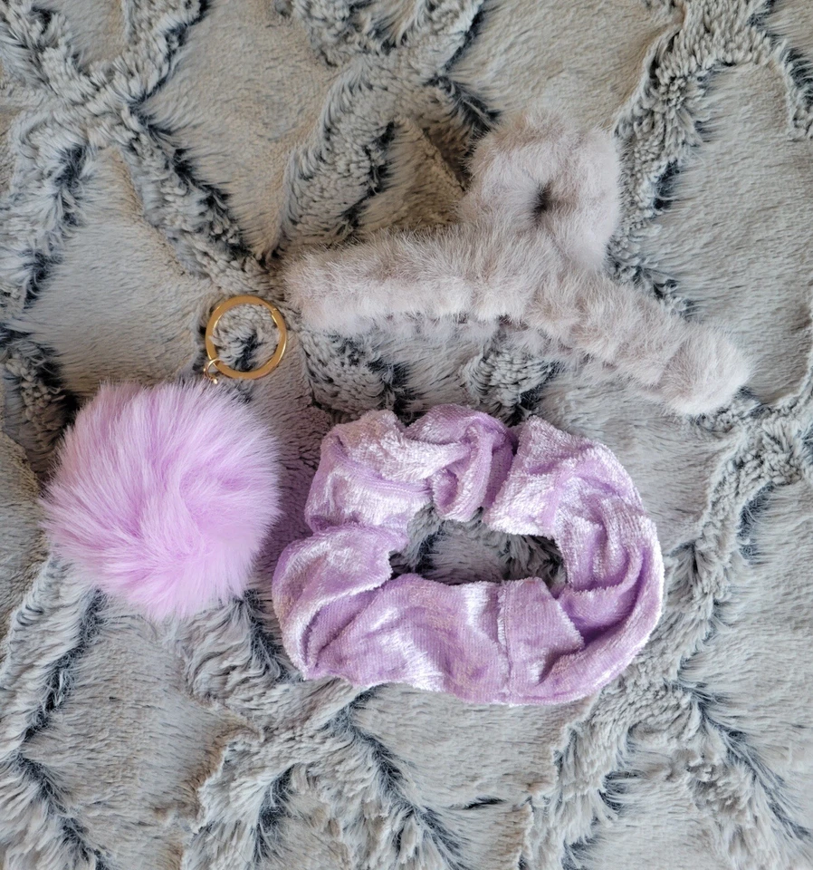 Large Furry Fuzzy Hair Claw Clip, Velvet Scrunchie, Pom Keychain Purple Gift Set - Image 1 of 1