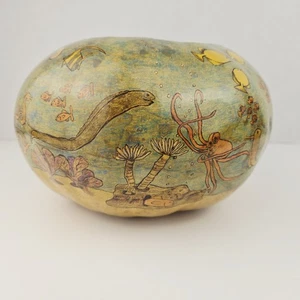 Folk Art Hand Drawn Gourd Underwater Squid Eel Sealife Fish Nautical Signed - Picture 1 of 12