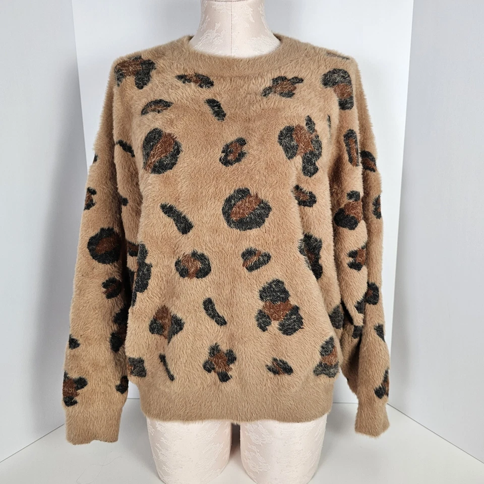 Simply Southern Women’s Fuzzy Brown Leopard Print Pullover Sweater Medium - Image 1 of 4