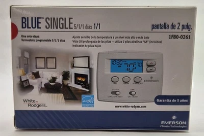 Emerson Blue Thermostat 1F80-0261 5-1-1 Programmable Low Voltage white Home - Image 1 of 4