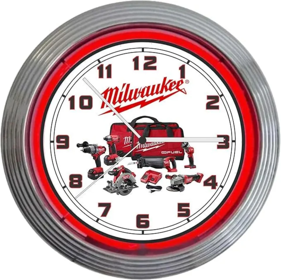 Milwaukee "Power Tools"  15 Inch Red Tube Neon Wall Clock - Image 1 of 1