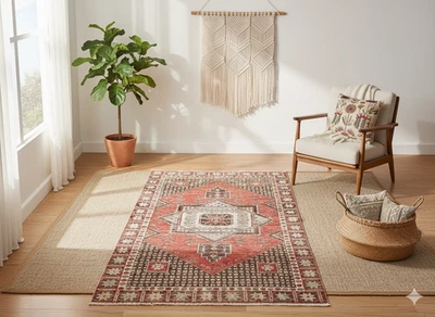 Alfombra de lana turca vintage tejida a mano: alfombra de dormitorio medallón tribal, 3,7x6,1 Foto 1 de 4