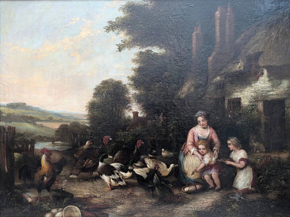 Ölgemälde ENGLAND 19. Jh UNBEKANNTER KÜNSTLER antik FRAU KINDER Vögel Landschaft - Bild 1 von 4