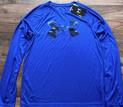 NWT Under Armour YXL Boys Royal Blue/Black Big Logo Camo L/S Heat Gear Shirt XL - Image 1 of 2