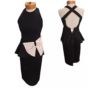 Vestido vintage años 90 AJ Bari para mujer talla 4 negro rosa lunares con cuentas lazo ceñido al cuerpo - Imagen 1 de 9