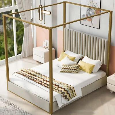 Home Queen Size Bed Frame Upholstery Canopy Bed with Headboard and Metal Frame - Image 1 of 4