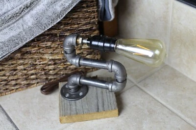 Pipe Lamp Light w/ LED Edison Bulb Real Wood Base Industrial Light Desks Mancave - Image 1 of 4