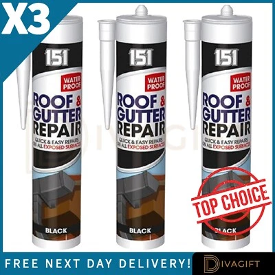 3 x BLACK ROOF GUTTER SEALANT LEAK ROOF REPAIR WATERPROOF EXPOSED SURFACES 450G - Image 1 of 4