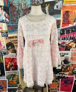 Vestido Babydoll Mini Gogo Coqueta Vintage Años 60 Blanco Rosa Encaje Manga Campana XS - Imagen 1 de 16