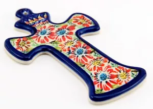 Cruz colgante de pared de cerámica polaca de Zaklady Boleslawiec Polonia diseño único - Imagen 1 de 3